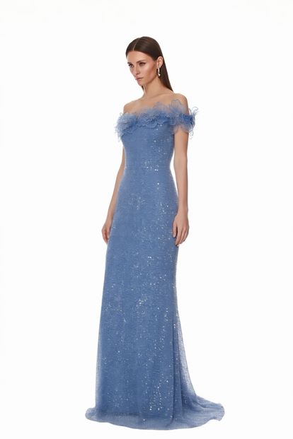 Mavi Çiçek Nakışlı Payetli Abiye Elbise